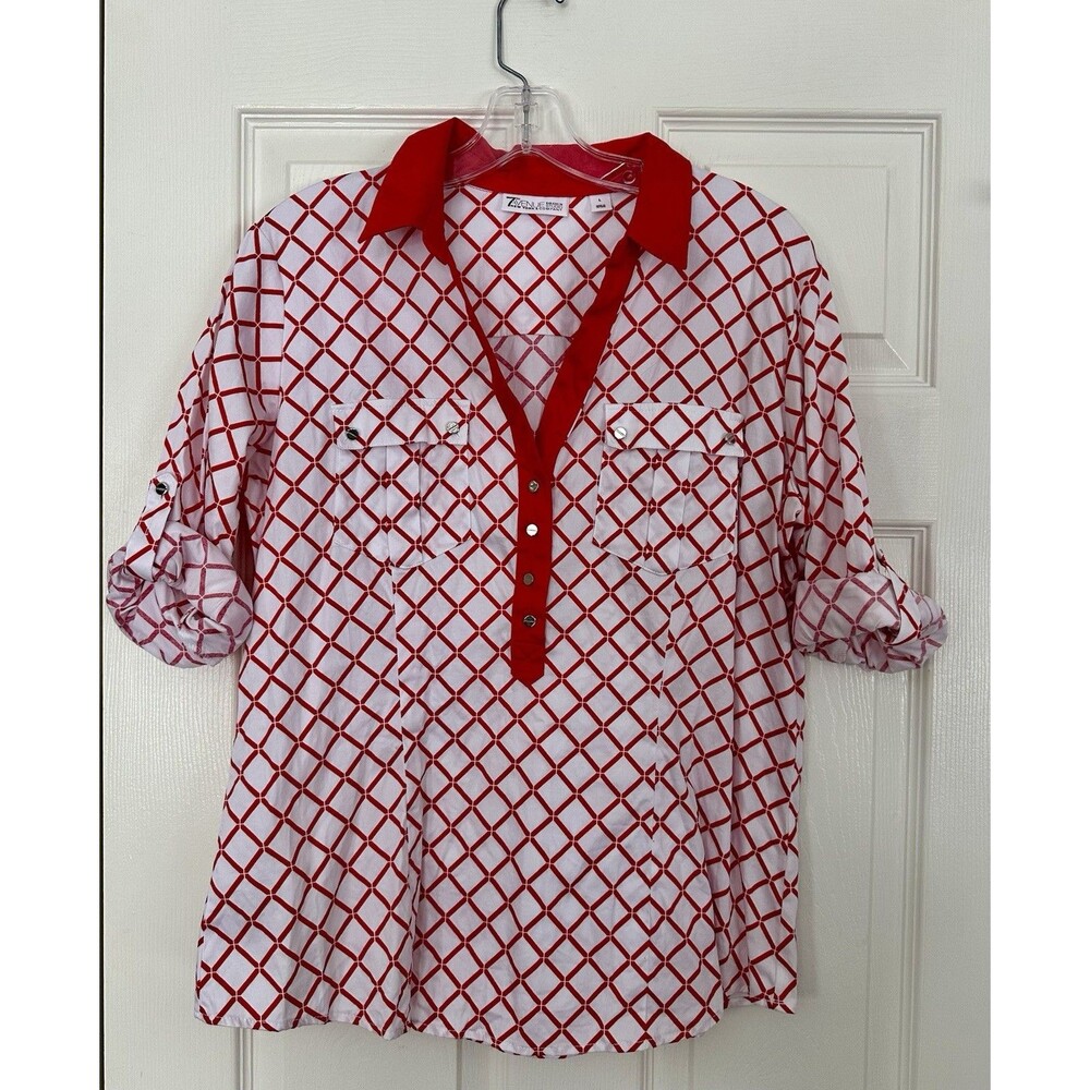 GREAT 7th Avenue New York & Company NY red white collared women’s shirt LARGE